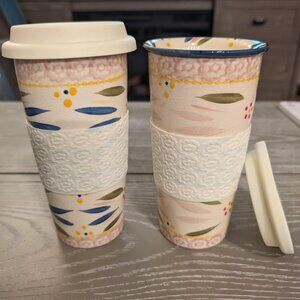 Temptations Ceramic Coffee Travel Mugs (x2) w/ Lids